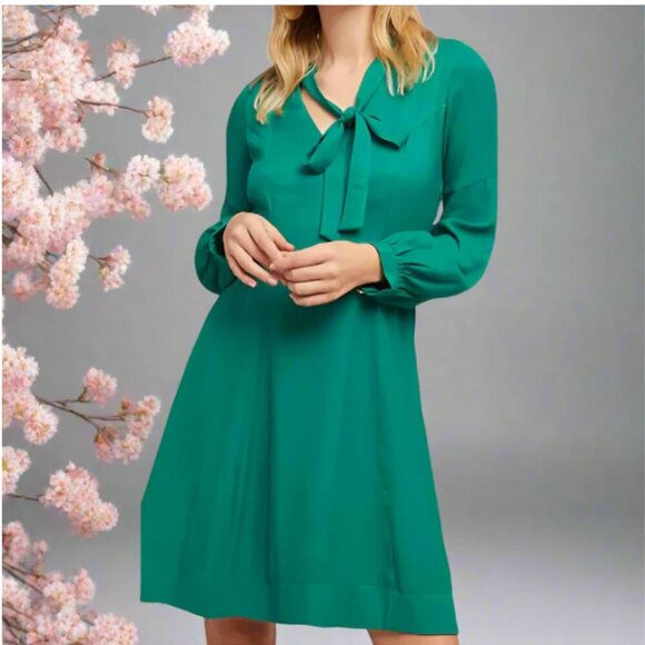 Anthropologie Spring Dress Womens 10 Green V-Neck Bow Tie Long Sleeve A-Line - Picture 1 of 5